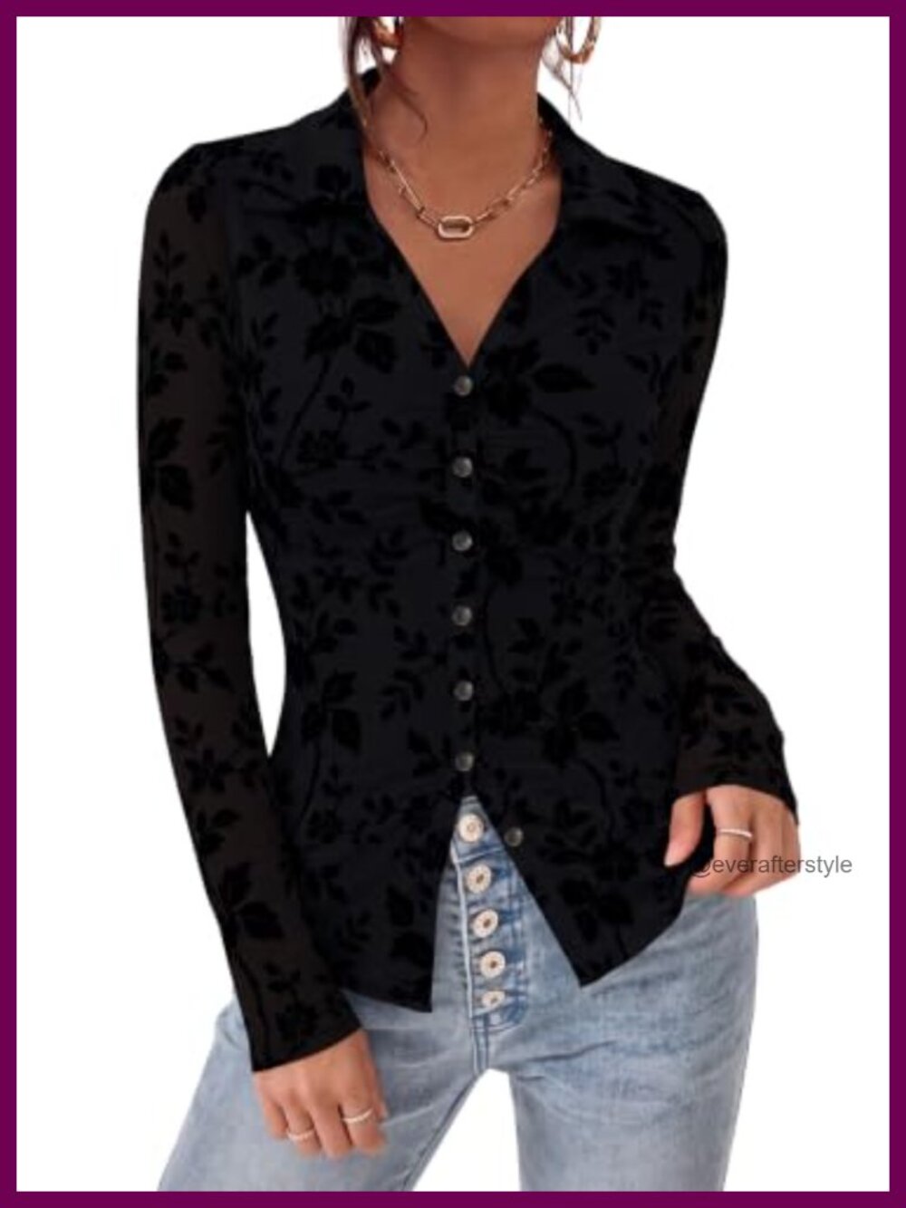 Women's Floral Mesh Button Down Blouse Long Sleeve Boho Top